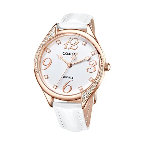 Comtex Damen Armbanduhr Strass Analog Quarz mit Leder Armband Rose Gold