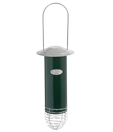 Dehner Natura Premium Wildvogel Meisenknödelautomat, Futterhaus / Futterstation für Wildvögel, Futterstelle wetterfest, inkl. Aufhängevorrichtung, Ø 7.5 cm, Höhe 26.5 cm, Metall, Dunkelgrün
