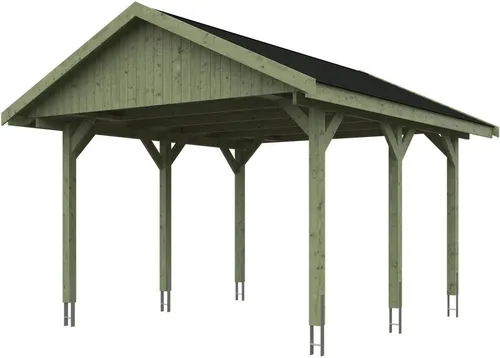 Satteldach-Carport Wallgau 430 x 500 cm mit schwarzen Schindeln - Robuster Einzelcarport aus imprägniertem Holz, ideal für PKW und Motorräder. Witterungsbeständige Dachkonstruktion mit 200 kg/m² Schneelast und Möglichkeit zur Montage einer Photovoltaikanlage.