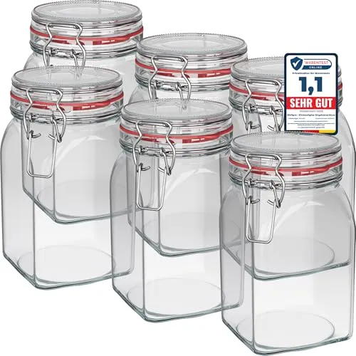 WELLGRO Einmachgläser mit Bügelverschluss eckig, Fermentierglas, Vorratsgläser mit Deckel, Bügelglas - Gläser mit Deckel Made in Germany (1150ml x 6 Stück)