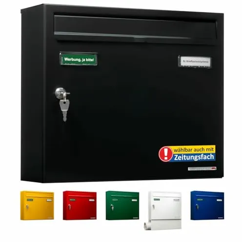 AL Briefkasten Systeme Basic 1er Briefkasten RAL 9005 Tiefschwarz - Wandbriefkasten DIN A4, wetterfest und rostfrei, mit 2 Namensschildern und lebenslanger Durchrostungsgarantie – ideal für Einfamilienhäuser.
