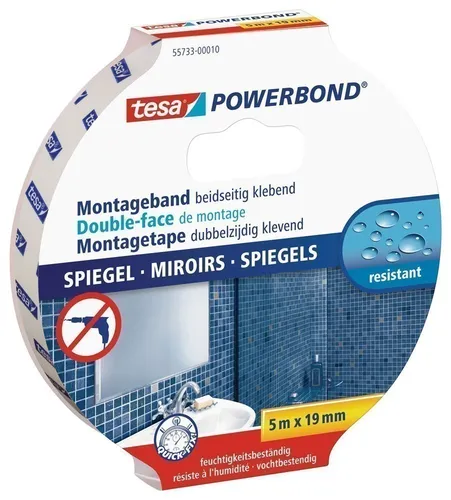 Tesa Montageband Powerbond Spiegel, 5m x 19mm - Extra stark und wasserdicht - Doppelseitiges Montageband für Spiegel bis 70x70cm, ideal für Feuchträume. Extra starker Halt mit bis zu 50 kg/m, einfach zu montieren ohne Bohren. Made in Germany.