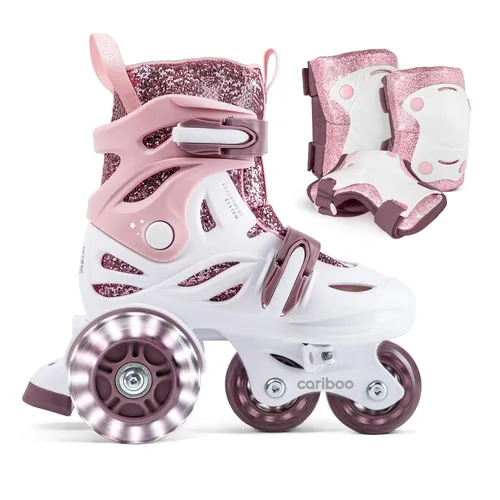 Cariboo Ballerina Kinder-Inlineskates mit Schutzset – Verstellbar, LED-Räder, Glitzerdesign – XS Pink Plum