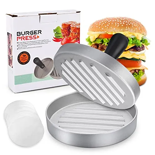 HEPAZ Burgerpresse mit 100 Blatt Backpapier,Hamburgerpresse Set aus Aluguss für leckere Hamburger,Patties, BBQ, Burger Presse mit Antihaftbeschichtung