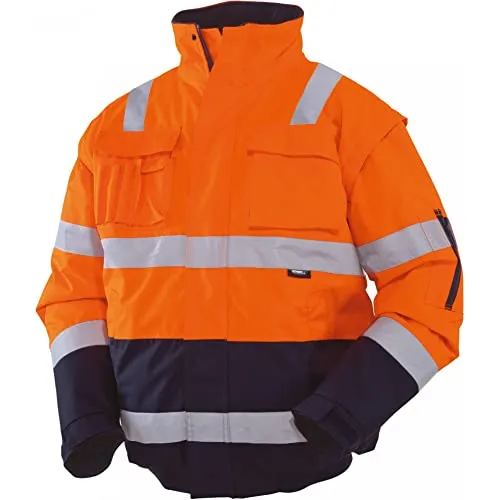 Vizwell Warnschutz Pilotenjacke 2 in 1 Arbeitsjacke Warnjacke Warnschutzjacke mit Schulterreflektorstreifen (5XL, leuchtorange-marine)