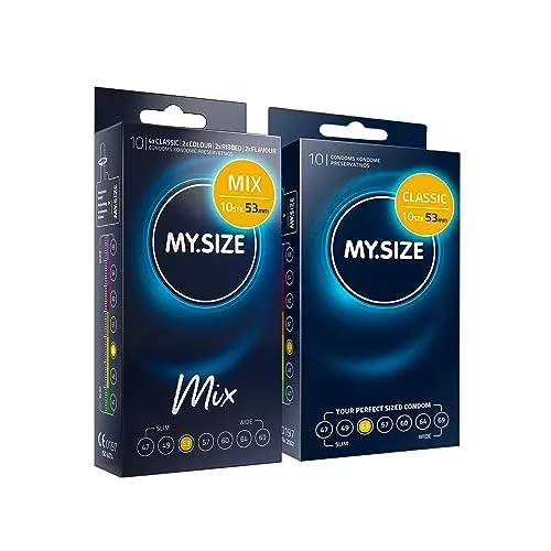 MY.SIZE Mix Premium Kondom Set, 10 Classic Kondome plus 10 Kondome in | 4 Varianten: Classic, Genoppt, Blau & Rot | Vorteilspackung | Größe 3, 53 mm