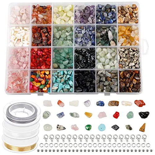 SWAWIS 24 Farben Edelsteine mit Loch, 4-8mm Steinperlen Unregelmäßige Gemstone Chips Beads, Edelsteinperlen Basteln Schmuck Bastelset mit Distanzperlen Bhrhaken Biegeringe Kristalllinie
