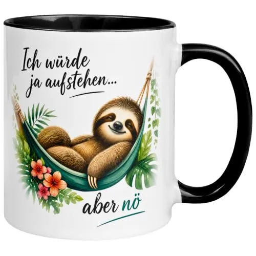 Faultier Tasse mit Spruch | Ich würde ja aufstehen in schwarz von Momentals
