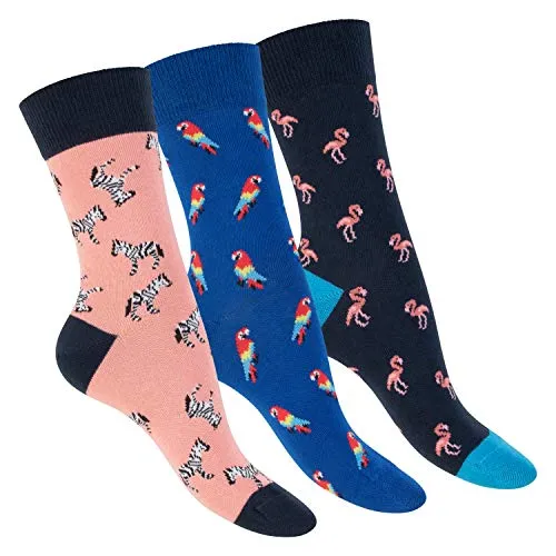 Footstar Damen & Herren Bunte Motiv Socken (3 Paar) Lustige Baumwoll Socken - Flamingo 41-46