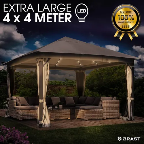 Alu Pavillon INFINITY 4x4 beige mit LED-Beleuchtung - Wetterfester Pavillon mit UV-Schutz 50+, stabiler Aluminiumrahmen und stimmungsvollem LED-Licht für unvergessliche Sommerabende im Garten.