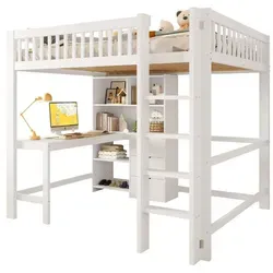Hochbett, kinderbett 140x200 cm, mehrere Ablagefächer, Leiter, Schreibtisch, 3 Schubladen, ohne Matratze, Weiß - Weiß