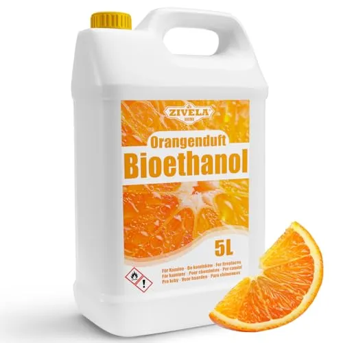 Bioethanol Orangeduft 96,6% 5L - Umweltfreundliches Brennmaterial für Kamine - Brennmaterialien - Reiner Bioethanol mit Orangeduft für saubere Verbrennung ohne Rauch. Ideal für gemütliche Atmosphären in Ethanolkaminen.