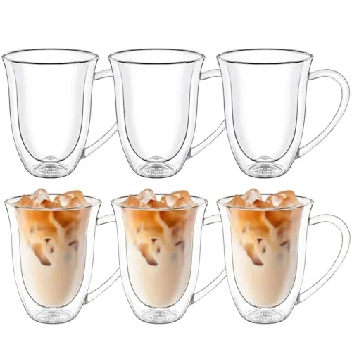 Wilmax Thermogläser mit Henkel - 6er Set - 400ml - Kaffee- & Teegläser, doppelwandig für optimale Wärmedämmung, ideal für heiße und kalte Getränke, spülmaschinenfest und elegant im Design.