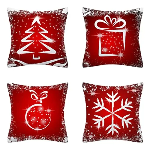 AMZQJD 4 Stück Kissenbezug Weihnachten Dekokissen Kissenbezüge Sofakissen Dekorativ Kissenhülle Bezug Weich für Wohnzimmer Schlafzimmer (Rot Weihnachten, 40 x 40 cm)