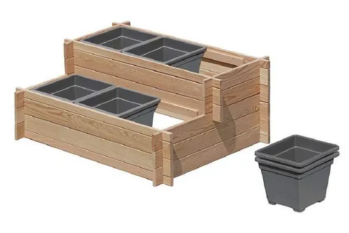 Stufenbeet 2 Stufen mit 6x Pflanzkasteneinsatz aus Holz Lärchenholz - Hochbeet aus robustem Lärchenholz, ideal für kreative Gartenprojekte und platzsparendes Gärtnern, Maße: 110x80x45 cm.