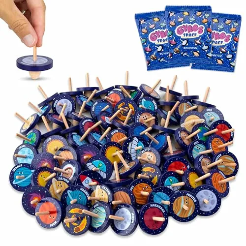 BONNYCO Kreisel für Kinder Pack 80 Mitgebsel Kindergeburtstag Gastgeschenke | Weltraum-Holzkreisel. Kleine Geschenke für Kinder, Mitbringsel Kindergeburtstag. Mitgebsel Set, Give Aways, Pinata Füllung