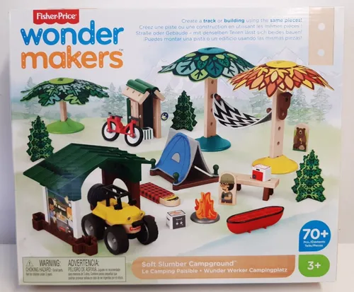FISCHER PRICE Holz Bausteine Wonder Makers Campingplatz Spiele Set 70-teilig NEU