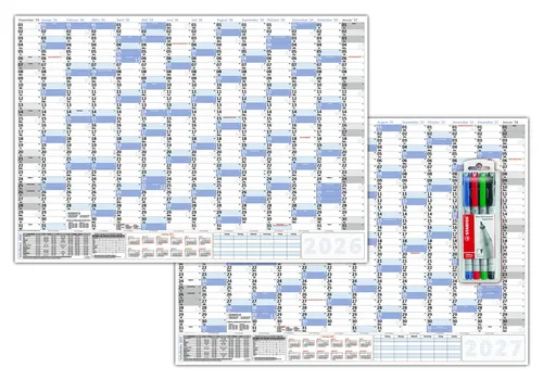 Wandkalender DIN B1 2026 + 2027 nass abwischbar 100x70cm gerollt + Stifteset