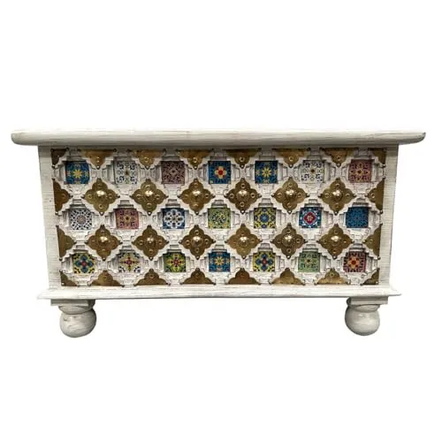 Oriental Galerie Indische Holztruhe mit Messingbeschlag Wäschetruhe Rustikale Truhe Kiste Box Holz Indien Massiv Antik-Optik Weiß 80cm
