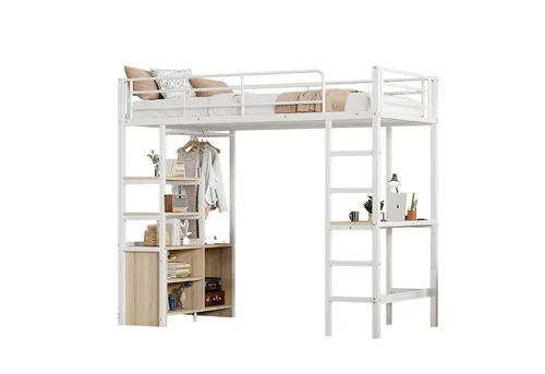 Odikalo Hochbett Jugendbett Schreibtisch Regale Lagerschrank 90*200cm Ohne Matratze