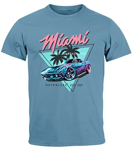 Neverless® Herren T-Shirt Bedruckt Miami Beach Surfing Motiv USA Retro Automobil 80er Fashion Streetstyle Stone Blue L