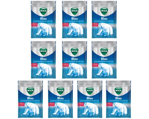 WICK Blau Menthol zuckerfreie Halsbonbons 72g – 10er Pack - Zuckerfreie Halsbonbons mit erfrischendem Menthol und natürlichem Minz-Aroma. Ideal für ein frisches Mundgefühl und angenehme Erleichterung beim Genuss.