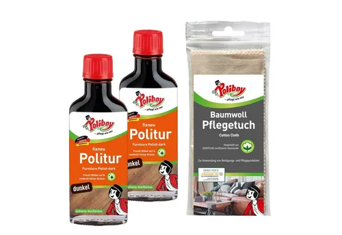 poliboy Fixneu Möbelpolitur dunkel - 2x100ml - inklusive Baumwolltuch Möbelreiniger (für dunkle Oberflächen - Made in Germany)