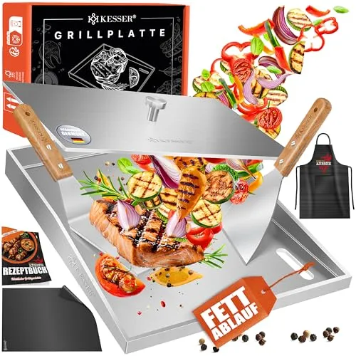 KESSER® Plancha Grillplatte Edelstahl 40x30cm - Grillplatten für Gas & Holzkohle, hitzebeständig bis 800°C, mit praktischem Fettablauf und Zubehör für perfekte BBQ-Ergebnisse.