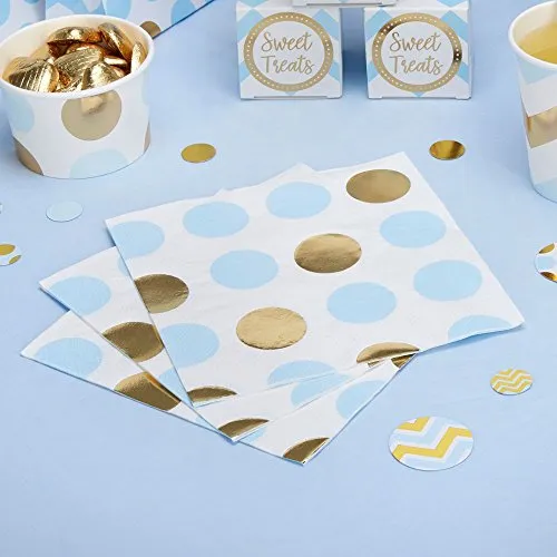 Premium Weddings Papierservietten Punkte hellblau Gold 33 x 33 cm 16 Stück - Hochzeitsservietten Hochzeit Servietten Baby Shower Babyparty Kindergeburtstag Dots hellblau Gold