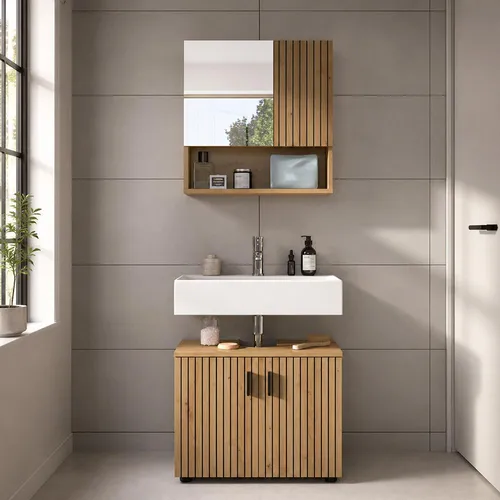 Lomadox Badmöbel-Set MACKAY-158, 2-teilig in Eiche mit Spiegelschrank und Waschbeckenunterschrank
