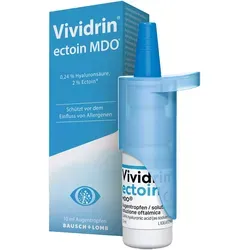Vividrin ectoin MDO Augentropfen - Linderung bei allergisch gereizten Augen - Arzneimittel zur Unterstützung bei Allergien. Mit Ectoin® und Hyaluronsäure für effektive Linderung von Juckreiz und Rötungen, auch für Kontaktlinsenträger geeignet.