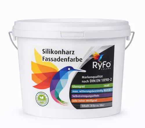 Produktbild RyFo Colors Silikonharz Fassadenfarbe Weiß 3l – Wetterbeständige Außenfarbe mit Abperleffekt