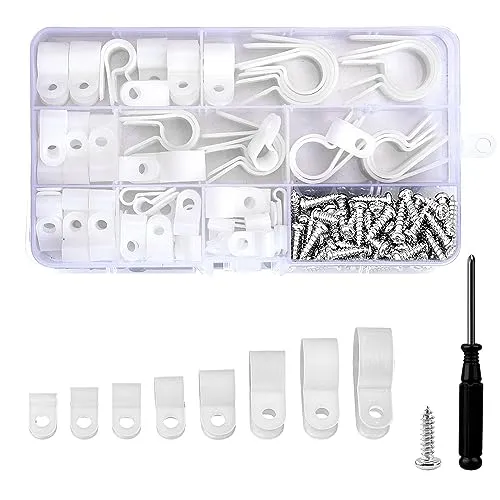 DesertBoy 151 Stück / 8 Größen Nylon R Clip,R Typ Cable Clip,kabelklemmen mit Schrauben und Schraubendreher für Büro und Zuhause Draht Kabelführung Befestigungsclips(Weiß)