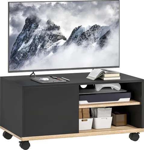 Modernes TV Lowboard auf Rollen mit verstellbarer Ablage, Schwarz
