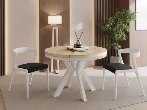 Runder Esstisch Ausziehbar 90-190 cm – Flexibler Tisch für 5-9 Personen mit Weißen Holzbeinen - VIELSEITIGER ESSTISCH – Ideal für Esszimmer oder Wohnzimmer, flexibel ausziehbar von 90 auf 190 cm. Robuste Konstruktion mit stabilen, weißen Buchenholzbeinen und hitzebeständiger Oberfläche für den täglichen Einsatz.