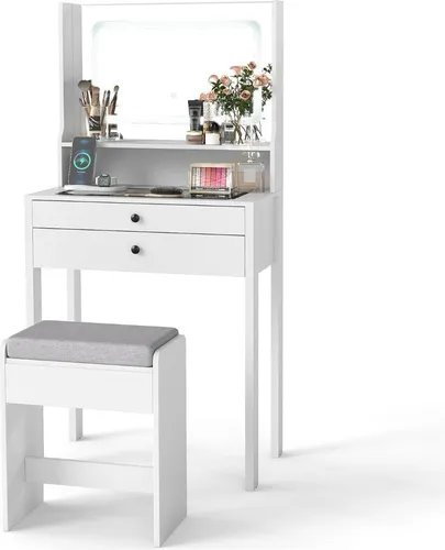 Schminktisch mit LED-Spiegel und integriertem Hocker, Weiß