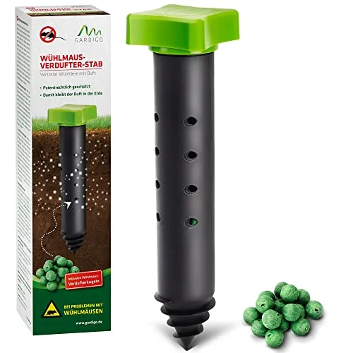 GARDIGO® Wühlmaus & Maulwurf Vertreiber mit Duft | Einzigartiges Konzept der Maulwurfabwehr | 15 Duftkugeln inklusive | Maulwurfschreck Wühlmausschreck | Mit Erdlochbohrhilfe | Tiervertreiber