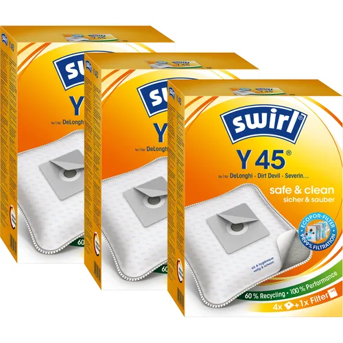 SWIRL Staubsaugerbeutel Y45 EcoPor® - Staubsaugerbeutel für DeLonghi, Dirt Devil und Severin, umweltfreundlich und ideal für effizientes Saugen. 12 Einwegbeutel pro Packung für eine saubere und einfache Handhabung.