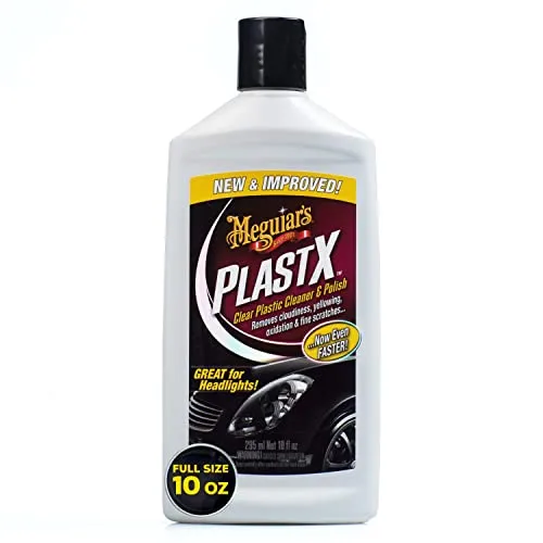 Meguiars Plastix Kunststoffreiniger 10 oz - Reinigungsmittel für Kunststoffoberflächen, stellt optische Klarheit wieder her und entfernt Kratzer sowie Oxidation. Ideal für Scheinwerfer und Cabrioverdecke, bietet langanhaltenden Schutz.