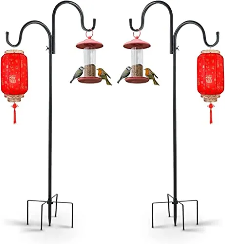 MIVIDE 2stk. Garten Schäferhaken, 160cm Gartenstab mit 2 Haken, Schäferhaken Laternenstab Garten Metall für Vogelfutterspender, Blumenkübel, Windspiel, Gartenornamente (Schwarz)
