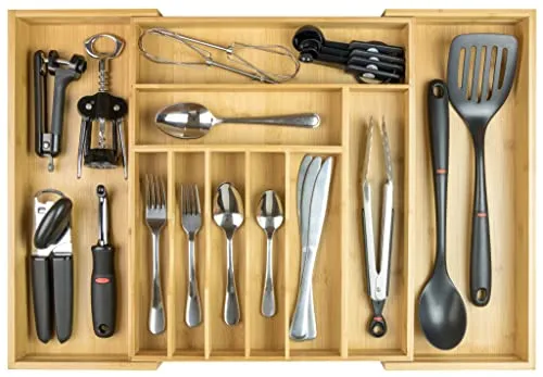 KitchenEdge Premium Besteck-, Besteck- und Utensilien-Organizer für Küchenschubladen, erweiterbar auf 63 cm Breite, 10 Fächer, 100% Bambus