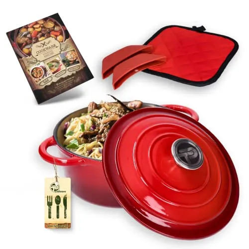 Kochtopf, Kasserole Fleischtopf aus emailliertem Gusseisen mit Deckel 4,5L, Ø26cm Edelstahl-Knauf, für alle Herdarten inkl. Induktion geeignet, Backofenfest bis 260°C inkl. Topflappen & Silikongriffen