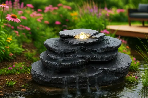 Quellstein Felsen mit LED Wasserfall – Teichdeko für Gartenbrunnen - Kategorie: Bachläufe & Wasserfälle, mit stimmungsvollem LED-Wasserfall für entspannende Atmosphäre im Garten.