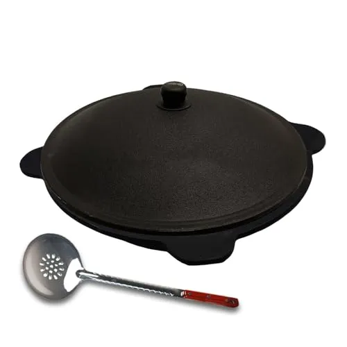 Kazan Gusseisen 22 Liter mit Schaumlöffel - Wok aus Gusseisen, ideal zum Braten und Schmoren über offenem Feuer. Hitzebeständig und langlebig, bewahrt die Wärme perfekt. Inkl. Aludeckel und Schaumlöffel.