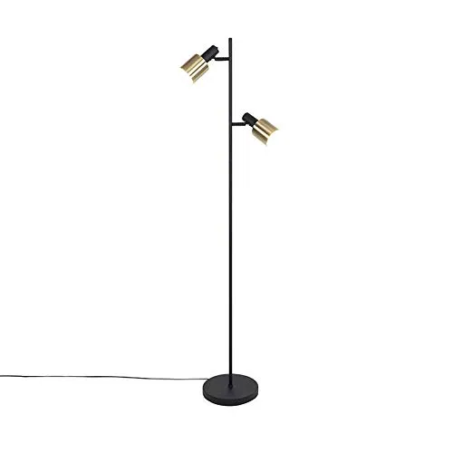 Qazqa Modern Design-Stehlampe schwarz mit Gold - Stijn für Wohnzimmer & Schlafzimmer - Standleuchten & Deckenfluter: Elegante Stehlampe mit 2 E27-Fassungen, dimmbar und ideal für stilvolle Innenräume. Perfekt für gemütliche Abende!