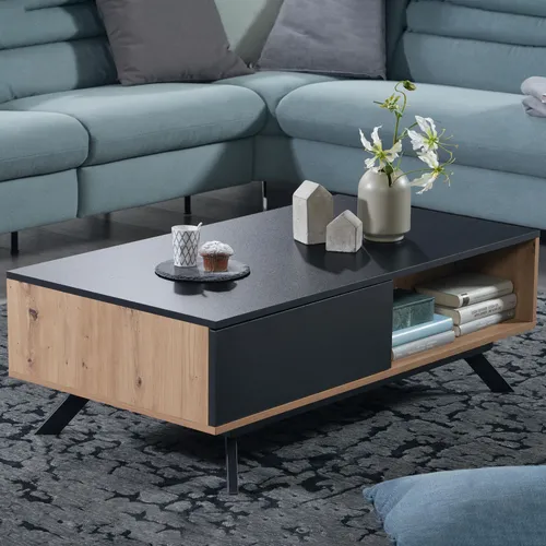 FINEBUY Couchtisch FB86955 - Moderner Sofatisch mit Schubladen - Stylischer Couchtisch (110x60x38 cm) aus MDF in Eiche-Dekor und Schwarz. Bietet großzügigen Stauraum mit 2 Schubladen und offenen Fächern für einen aufgeräumten Wohnbereich.