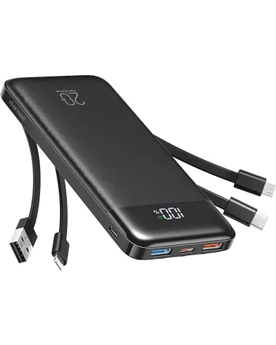 Charmast Powerbank, 20.000 mAh integriertes 4 Kabel, tragbares Ladegerät, 20 W Schnellladeakku mit 4 Anschlüssen, USB-C-Powerbank für iPhone 16/15/14 Serie, iPad, AirPods, Android-Handys und mehr