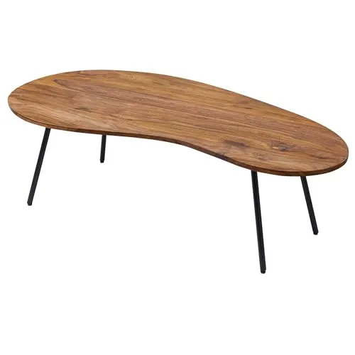 FINEBUY Couchtisch FB50927 - Moderner Kaffeetisch in Nierenform - Stylischer Couchtisch aus massivem Mango-Holz mit Walnuss-Finish, ideal für moderne Wohnräume. Die ovale Form und die schwarze Metallfüße verleihen jedem Wohnzimmer Eleganz.