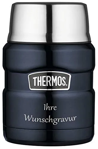 THERMOS Essensbehälter King mit Löffel (dunkelblau, mit Namensgravur, 9,3 x 9,3 x 14,2 cm)