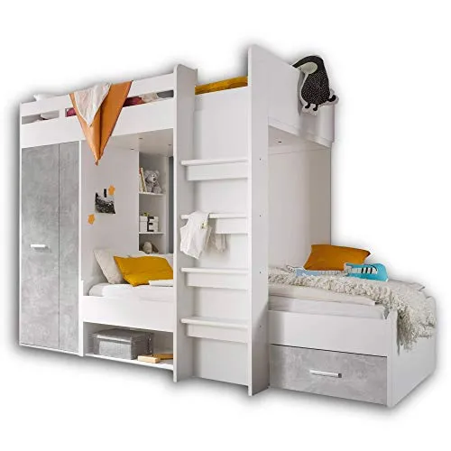 Stella Trading MAXI Hochbett mit Schrank & 2x Liegeflächen 90 x 200 cm - Kleiderschrank mit modernem Beton-Design, bietet Platz für 2 Personen und viel Stauraum durch integrierten Schrank und Regalfächer - ideal für kleine Kinderzimmer.